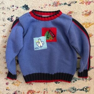 Hanna Andersson Sweater Size 5 Blue Snowman Tree Winter Cotton Knit